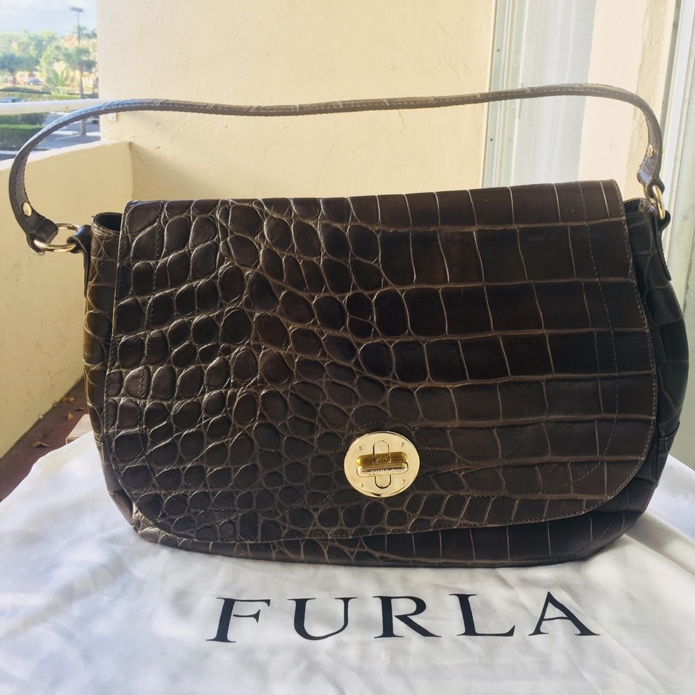 Furla “Vintage” Olive-green Alligator Shoulder Bag